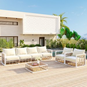 TOPMAX Modern Minimalist 7-Piece Metal Patio Sectional Sofa Set, All-Weather Garden Conversational Furniture Set With Thick C