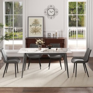 62.99 Modern Artificial Stone White Pandora Straight Edge Dark Grey Metal Leg Dining Table-Can Accommodate 6 People Dining T