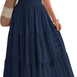 BTFBM Women's Summer Maxi Dress - Short Sleeve V Neck Tiered Ruffle Dress with Pockets - Vacation and Wedding Guest Wear - Im