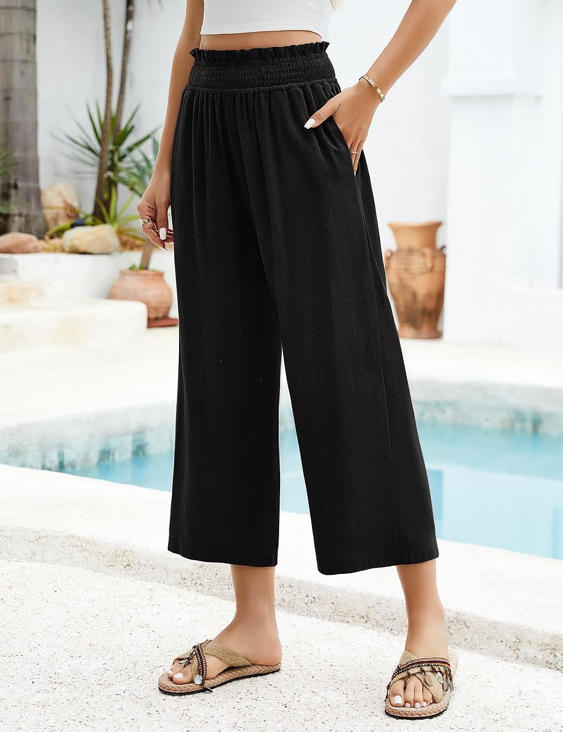 713M3XOTJlL._AC_SL1500_.jpg Yusongirl Women's Linen Wide Leg Capri Pants - Smocked High Waist, Cotton-Linen - Summer Casual - Image 2