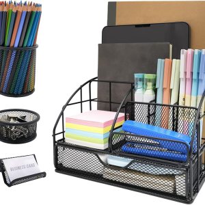 Caicvanlo Metal Mesh Desk Organizer Set - 7 Compartments with Drawer, Pen and Clip Holders - Home and Office - Image 1