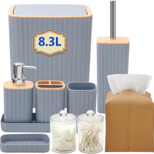 Viowil 10-Piece Bathroom Accessories Set - Trash Can, Tissue Box Cover, Toilet Brush, Gray - Image 1