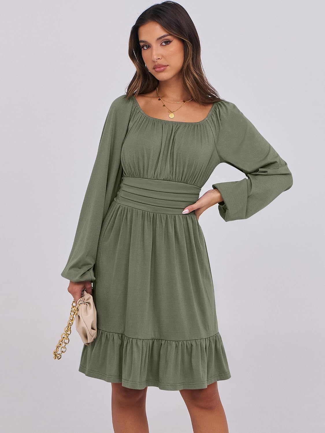 71EB9HEEfqL._AC_SL1500_.jpg ANRABESS Women's Long Lantern Sleeve Dress - Square Neck Ruched Bust Fall Dress for Work and Daily Wear - Image 2