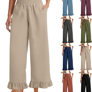 Elneeya Women's Linen Wide Leg Pants - Ruffle Hem, Smocked Waist, Cotton-Linen - Boho Summer - Image 1