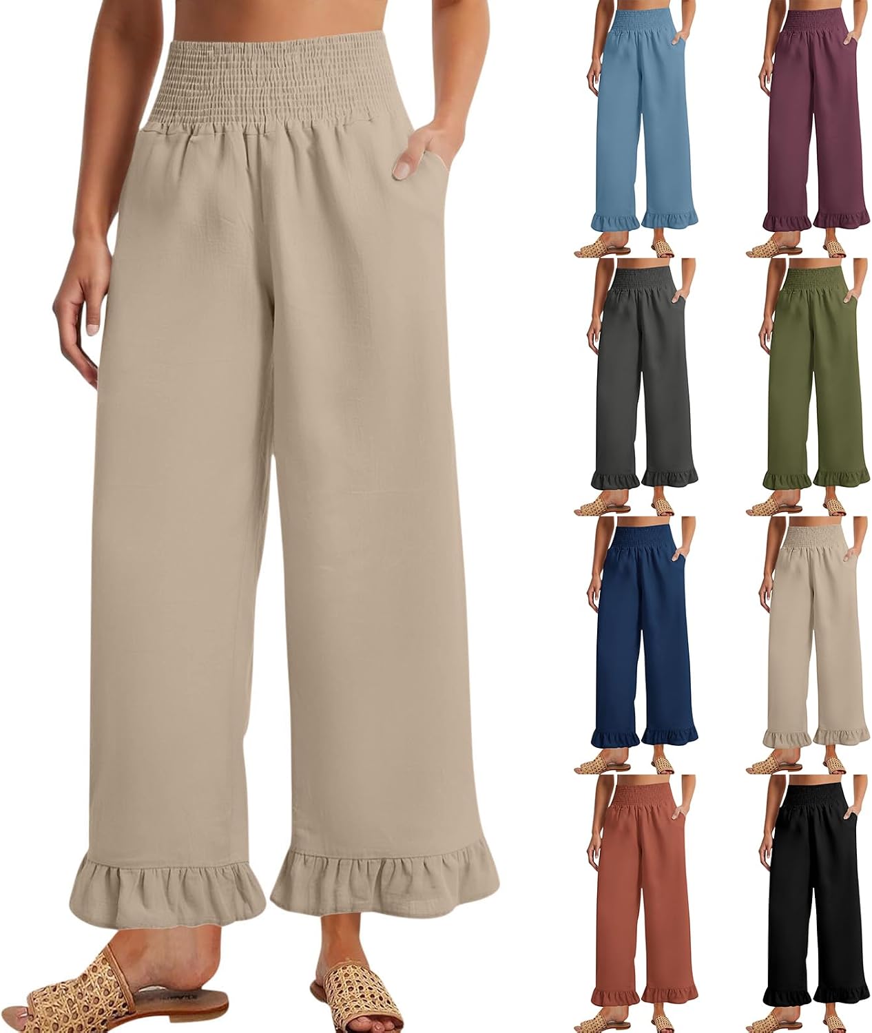Elneeya Women's Linen Wide Leg Pants - Ruffle Hem, Smocked Waist, Cotton-Linen - Boho Summer Elneeya Women's Linen Wide Leg Pants - Ruffle Hem, Smocked Waist, Cotton-Linen - Boho Summer