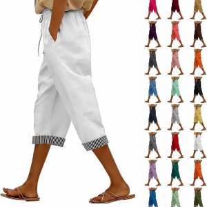 APRDFEU Women's Linen Capri Pants - High Waist Drawstring, Cotton-Linen Blend, Striped Cuffs - Vacation - Image 1