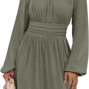 ANRABESS Women's Long Lantern Sleeve Dress - Square Neck Ruched Bust Fall Dress for Work and Daily Wear - Image 1