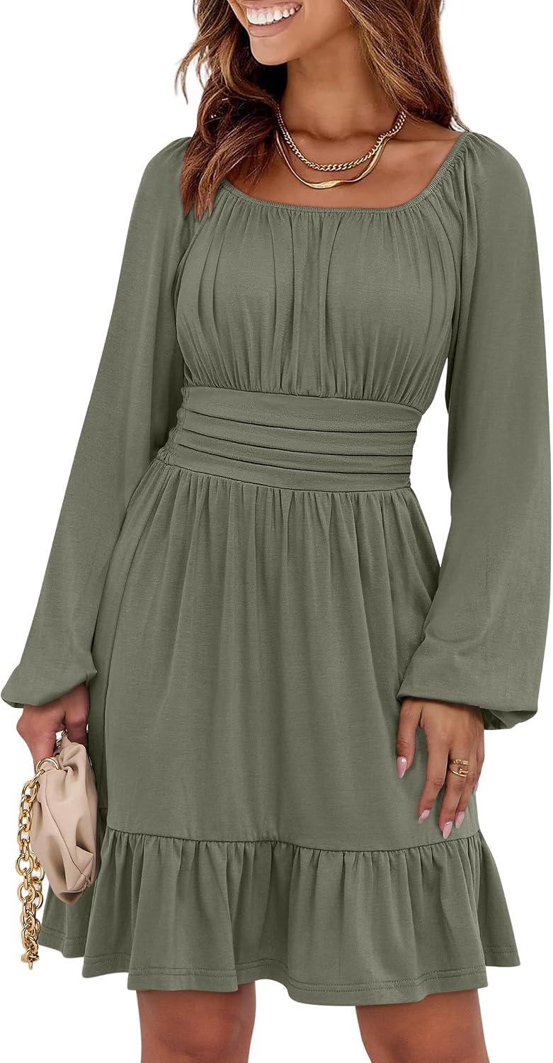 ANRABESS Women's Long Lantern Sleeve Dress - Square Neck Ruched Bust Fall Dress for Work and Daily Wear ANRABESS Women's Long Lantern Sleeve Dress - Square Neck Ruched Bust Fall Dress for Work and Daily Wear