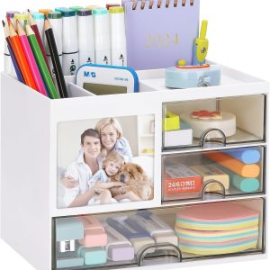 LETURE Multifunction Desk Organizer with Drawers - 3-Drawer Storage Box, 8 Compartments, ABS - Office and Vanity - Image 1