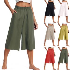 yakyamgi Women's Linen Capri Pants - Wide Leg Palazzo, High Waist Pull-On, Pockets - Beach Lounge - Image 1
