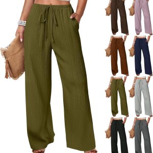 yakyamgi Women's Wide Leg Linen Palazzo Pants - Drawstring High Waist, Linen-Cotton Gauze - Summer Beach - Image 1