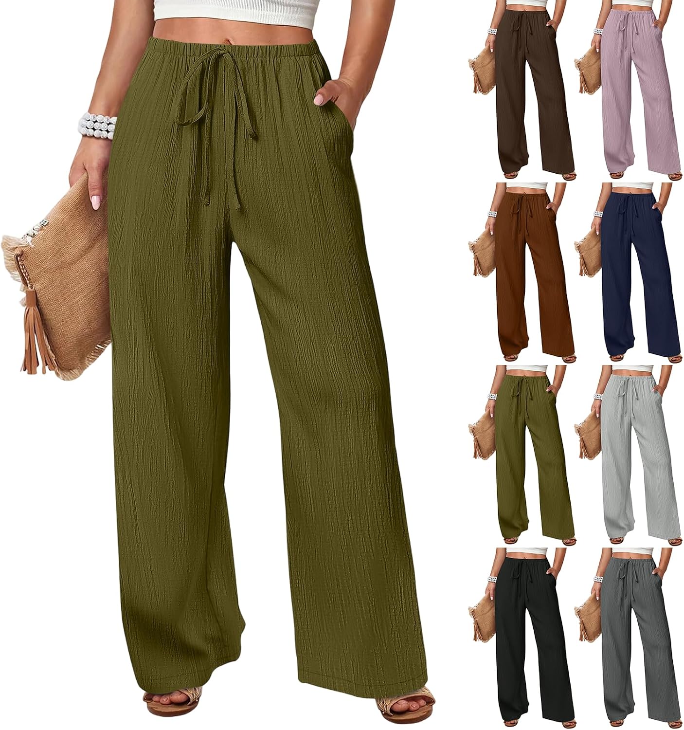 yakyamgi Women's Wide Leg Linen Palazzo Pants - Drawstring High Waist, Linen-Cotton Gauze - Summer Beach yakyamgi Women's Wide Leg Linen Palazzo Pants - Drawstring High Waist, Linen-Cotton Gauze - Summer Beach
