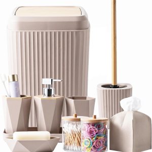 BSSN 10-Piece Bathroom Accessories Set - Trash Can, Soap Dispenser, Bamboo Accents, Beige - Image 1