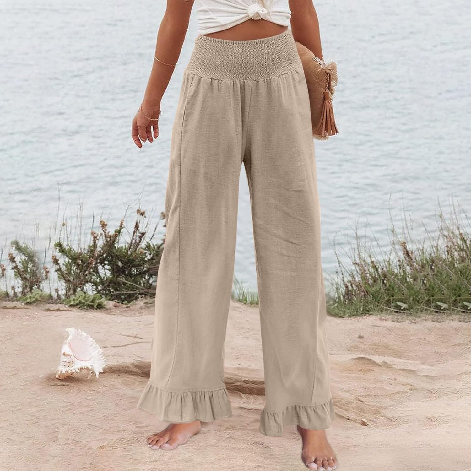 71g3j0HrGCL._AC_SL1500_.jpg Elneeya Women's Linen Wide Leg Pants - Ruffle Hem, Smocked Waist, Cotton-Linen - Boho Summer - Image 3