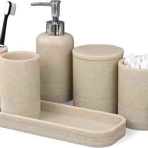 LIN CHUAN 6-Piece Resin Bathroom Accessories Set - Soap Dispenser, Toothbrush Holder, Vanity Tray, Beige - Image 1