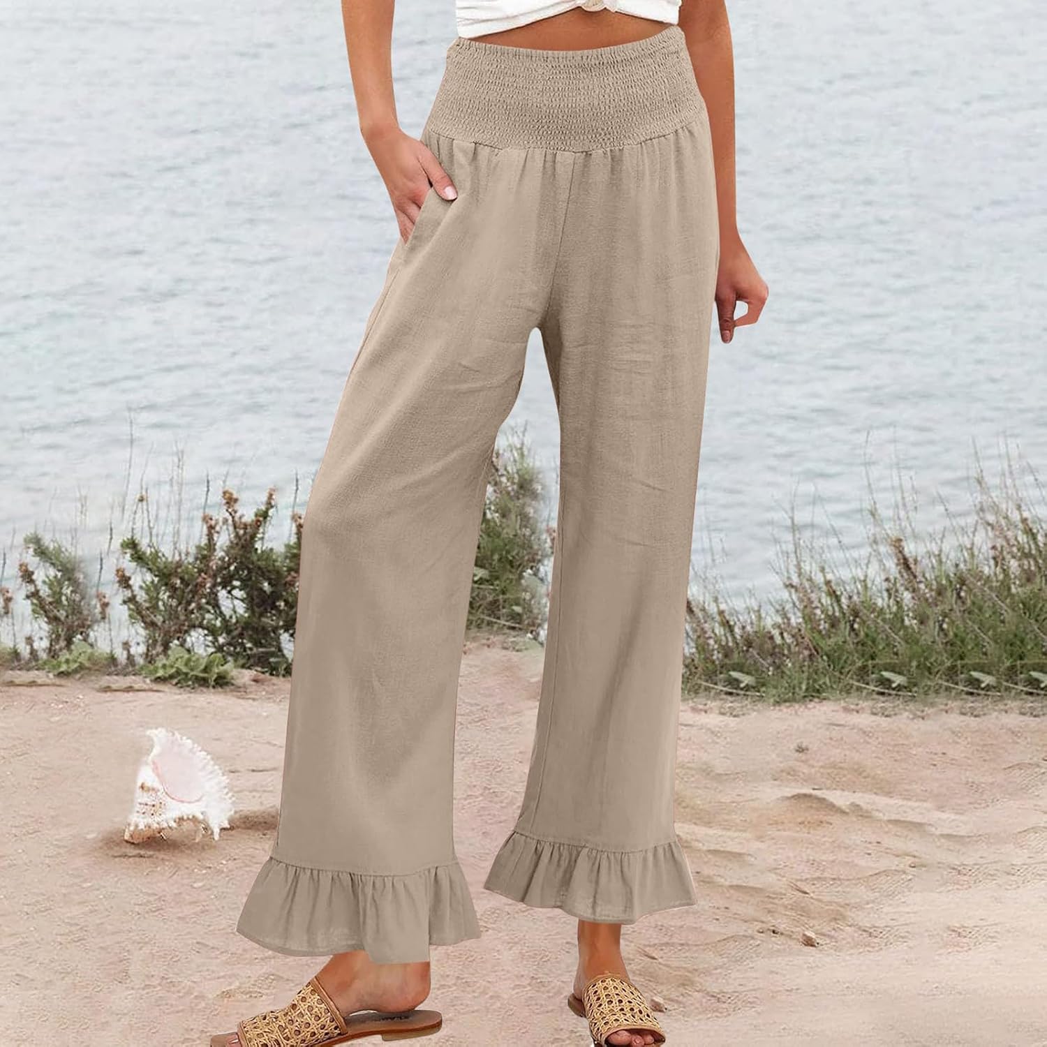 71kwaeRNRjL._AC_SL1500_.jpg Elneeya Women's Linen Wide Leg Pants - Ruffle Hem, Smocked Waist, Cotton-Linen - Boho Summer - Image 2