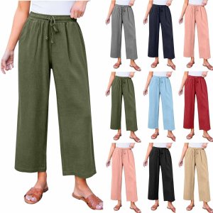 Women's Pleated Wide Leg Capri Pants - Elastic High Waist, Lightweight Polyester - Daily and Travel Wear - Image 1