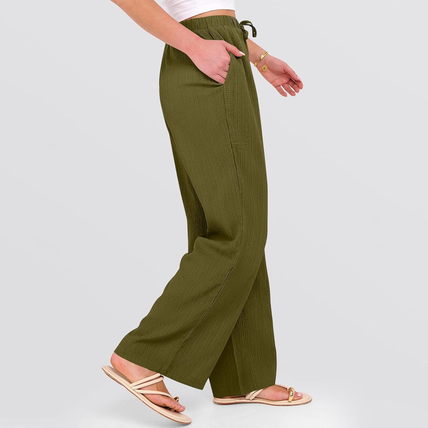 71yKNMEnemL._AC_SL1500_.jpg yakyamgi Women's Wide Leg Linen Palazzo Pants - Drawstring High Waist, Linen-Cotton Gauze - Summer Beach - Image 3
