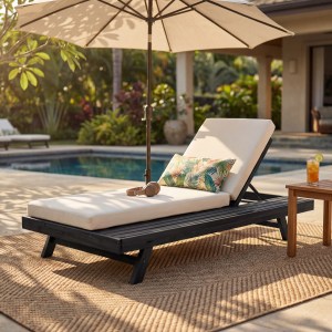 Lounge Chaise Set, Space Available On One Side, Acacia Wood In Black With Water-Resistant Lounge Cushions Cream & 4 Inch