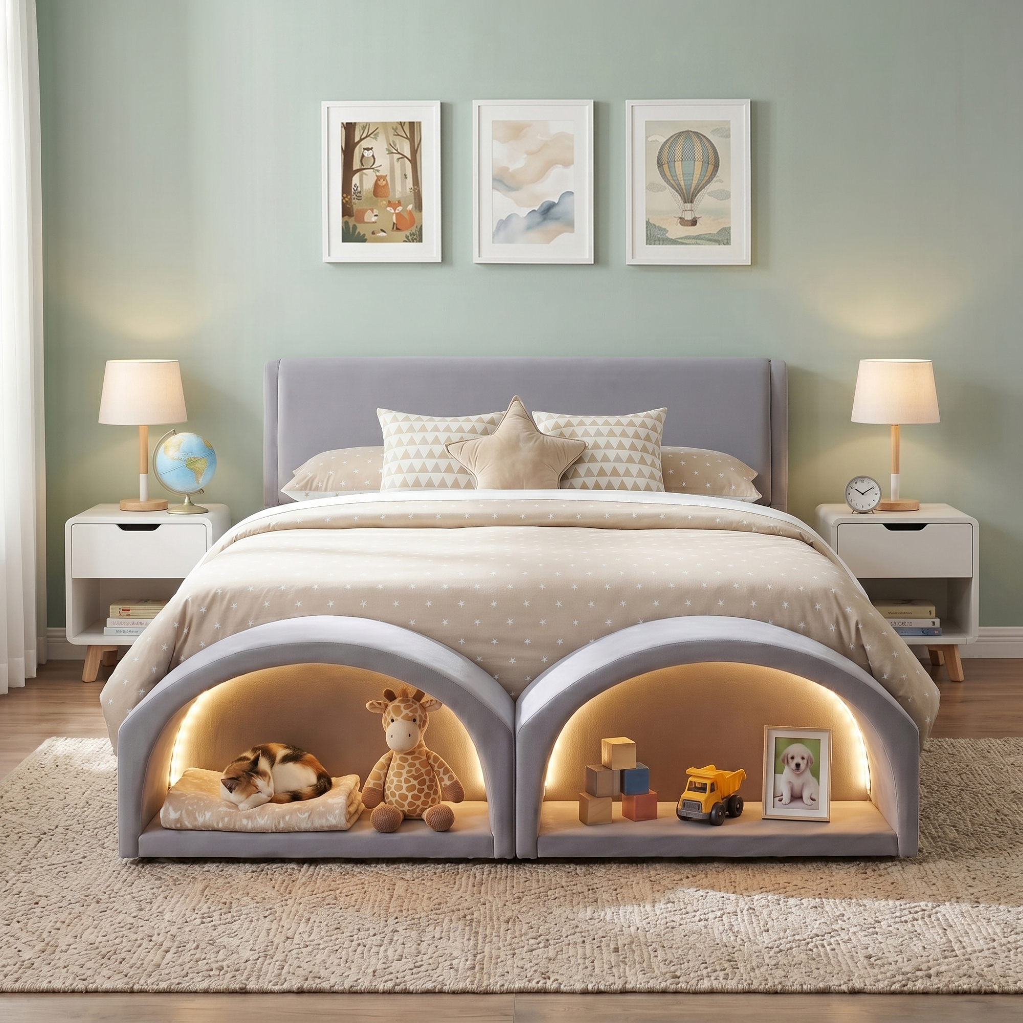 8425661a137f451bb0970da563b7b433.jpg Queen Size Upholstered Platform Bed Frame with Dual Cat Caves, LED Lighted Pet Nests at Footboard, Gray - Image 3