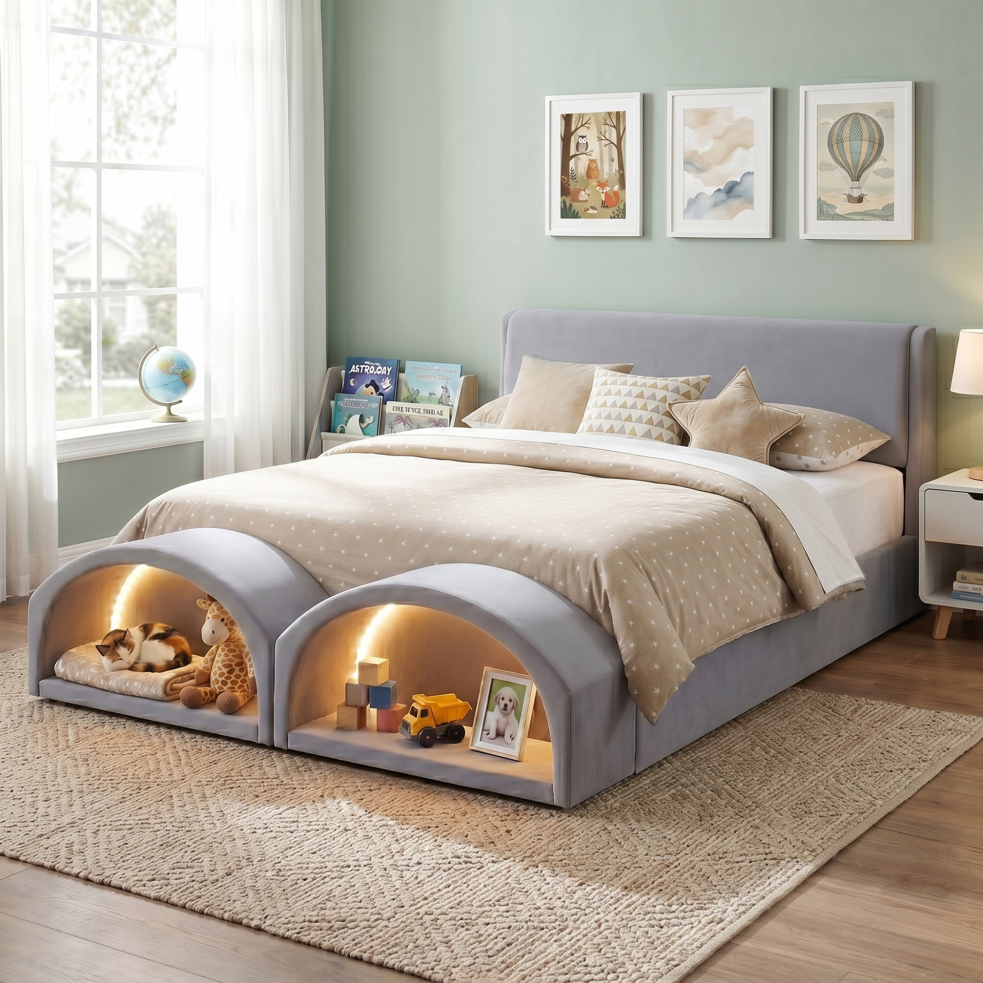 868f9e93d3984631a654ea966279fd62.jpg Queen Size Upholstered Platform Bed Frame with Dual Cat Caves, LED Lighted Pet Nests at Footboard, Gray - Image 2