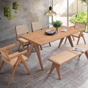 Valentina Rattan & Natural Finish 5PCs Patio Outdoor Dining Set No Bench Included - Image 1