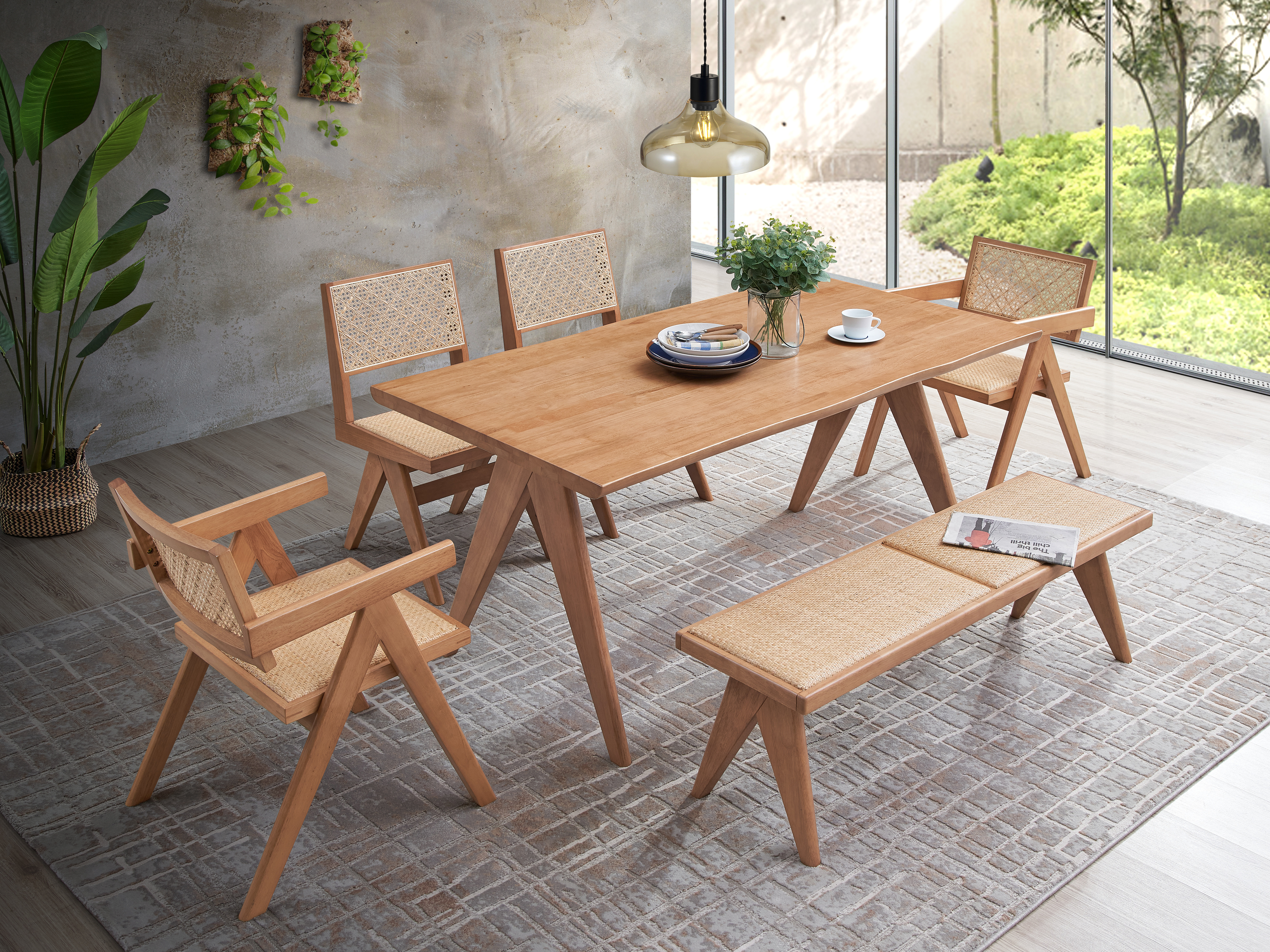 Valentina Rattan & Natural Finish 5PCs Patio Outdoor Dining Set No Bench Included Valentina Rattan & Natural Finish 5PCs Patio Outdoor Dining Set No Bench Included