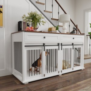 63'' Large Dog Crate Furniture For Double Dog, Wooden Dog Kennel With 2 Drawers,Divider And Sliding Door, Water Resistant Ind