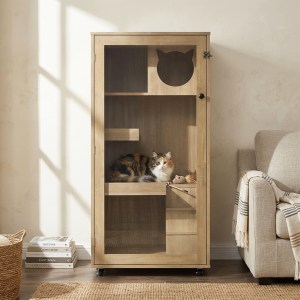 Basia Rubber Wood Cat Cabinet with Wheels, Ventilated Indoor Cat Condo with Multi-Level Shelves & Lockable Door, Safe &am