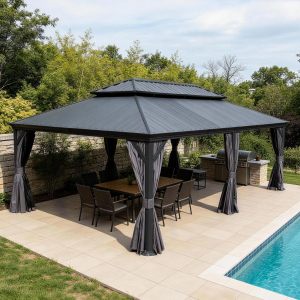14 X24 Hardtop Gazebo With Resin Roof, Outdoor Metal Gazebo With Drainage Gutters, Permanent Heavy Duty Pavilion For Patio