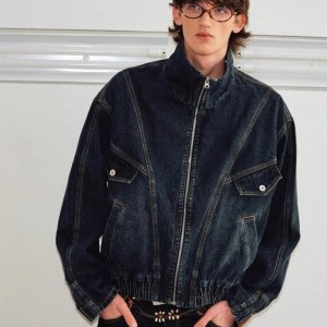 Vintage Washed Denim Jacket Men Oversized Zip Up High Collar Jean Jacket US Warehouse - Image 1
