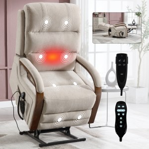Power Beige Chenille Lift Recliner Chair Dual Motor Infinite Position Up to 350 LBS with Solid Wood Armrests, Heat Massage an
