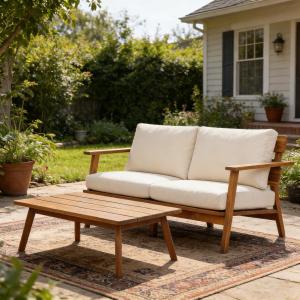 2-Piece Mid-Century Modern Patio Set, Acacia Wood Loveseat & Slatted Coffee Table With Weather-Resistant Cushions - Image