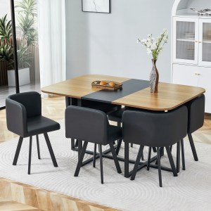 7-Piece Dining Table Set For 6, 1 Table & 6 Black PU Upholstered Chairs, Black & Wood Grain Melamine Table, Modern Ki