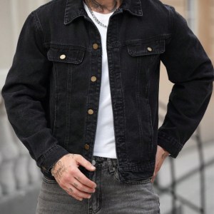 Plus Size Black Denim Jacket Men Classic Trucker Jean Jacket Big And Tall US Warehouse Ready Stock - Image 1