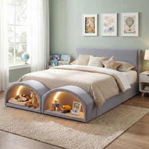 Queen Size Upholstered Platform Bed Frame with Dual Cat Caves, LED Lighted Pet Nests at Footboard, Gray - Image 1