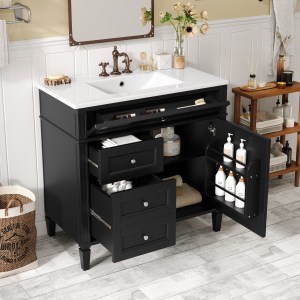 36'' Bathroom Vanity With Top Sink, Modern Bathroom Storage Cabinet With 2 Drawers And A Tip-out Drawer, Single Sink Bathroom