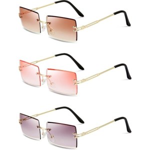 3-Piece Rimless Rectangle Sunglasses Set, Trendy Frameless Eyewear For Women & Men, Stylish Fashion Sunglasses - Image 1