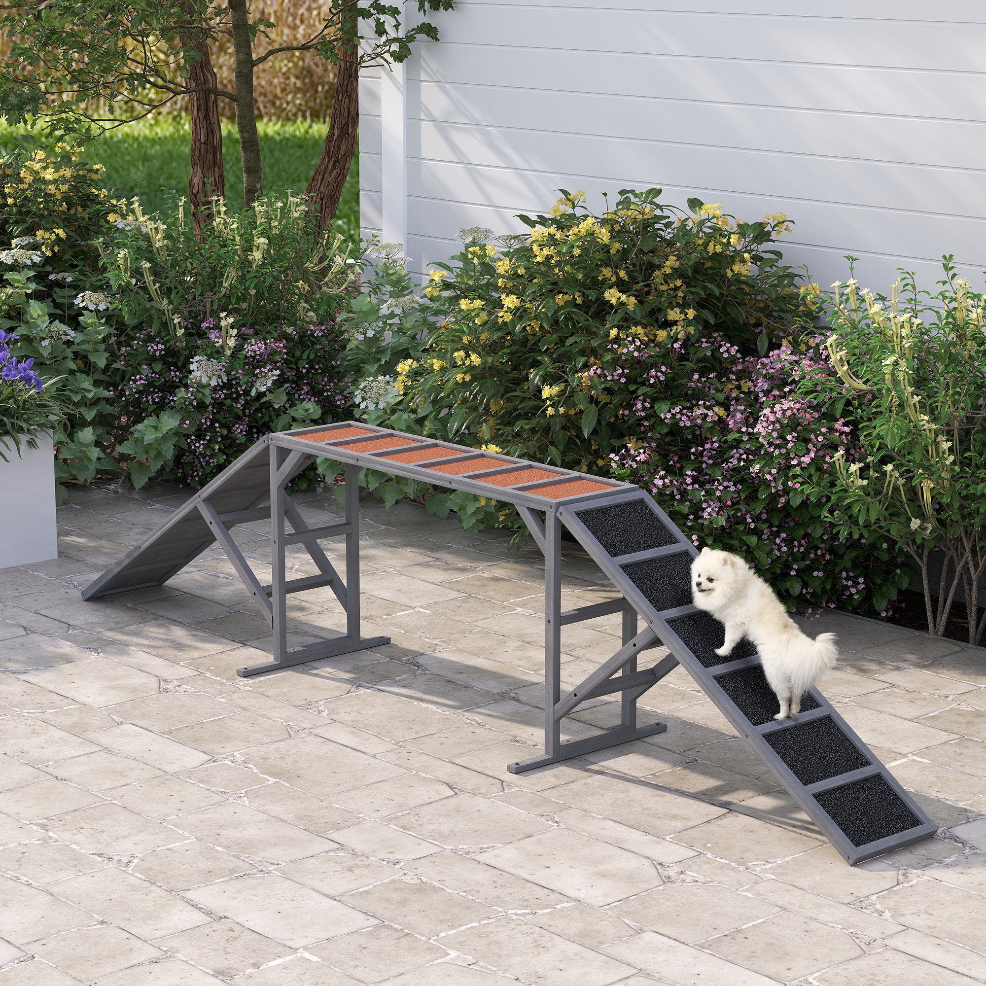 fdb28326-06eb-4702-8644-44e10c6c3f96.jpg Dog Agility Equipment Ramp With Safety Bar, Non-slip Surface, For Walk And Pause Training, Gray - Image 2